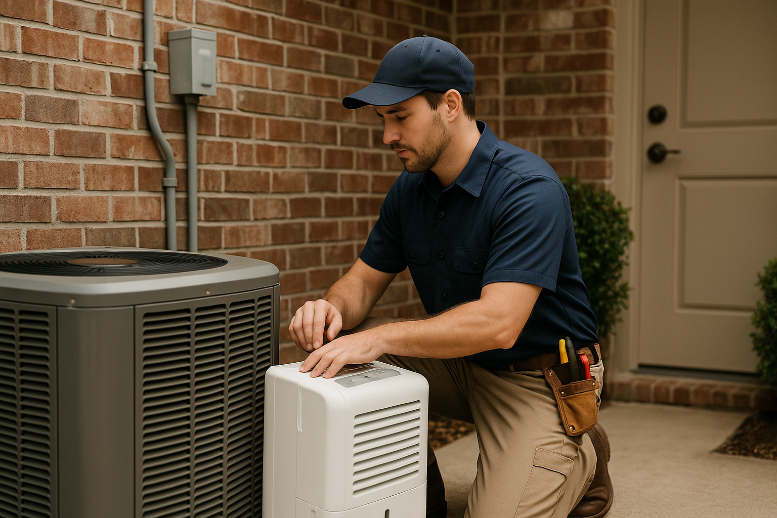 Editorial illustration depicting dehumidifier size central air humid climate