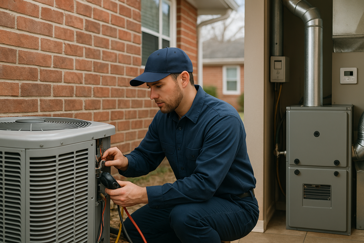 Editorial illustration depicting heat pump vs furnace mobile winter